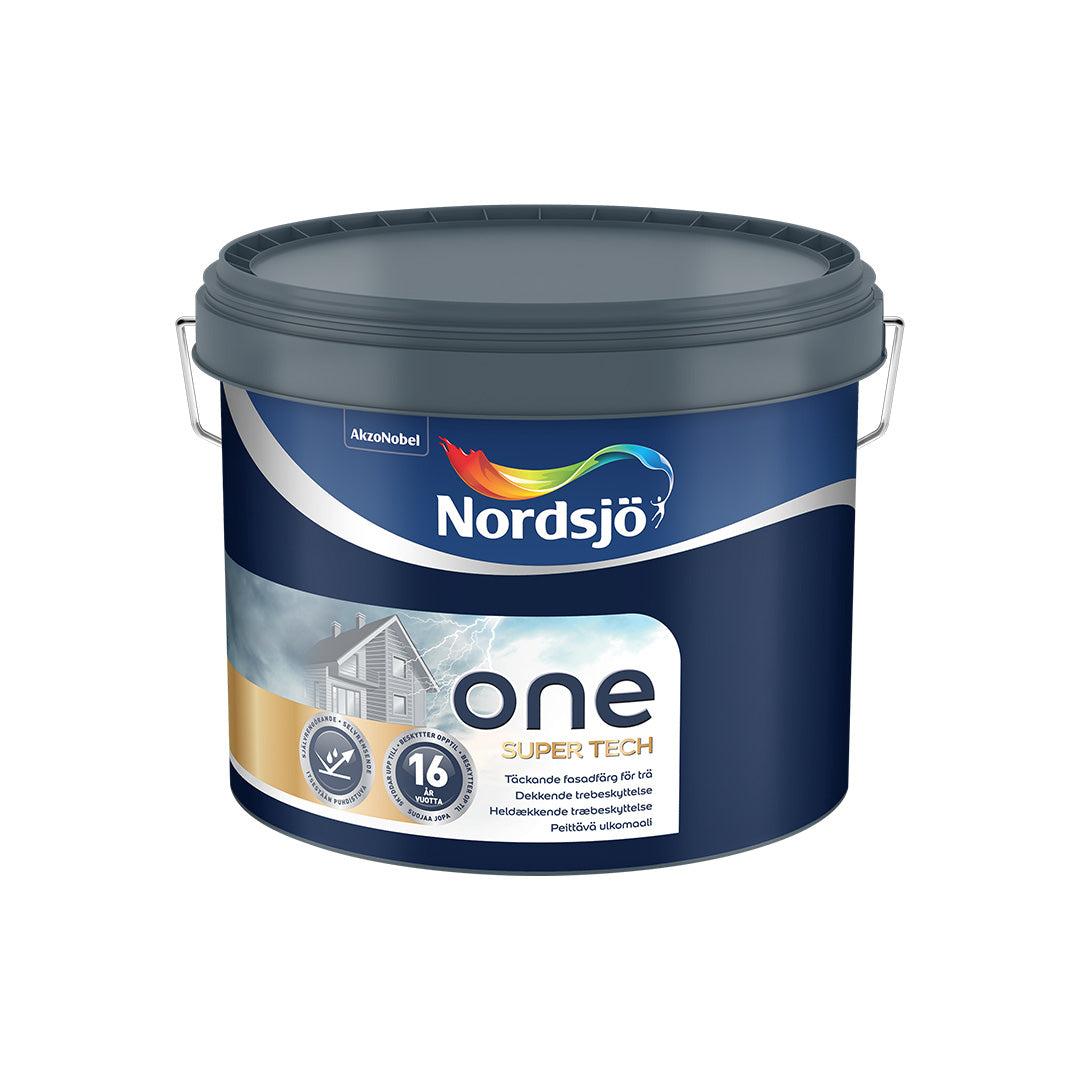 Spand med Nordsjö One Super Tech sort heldækkende træbeskyttelse