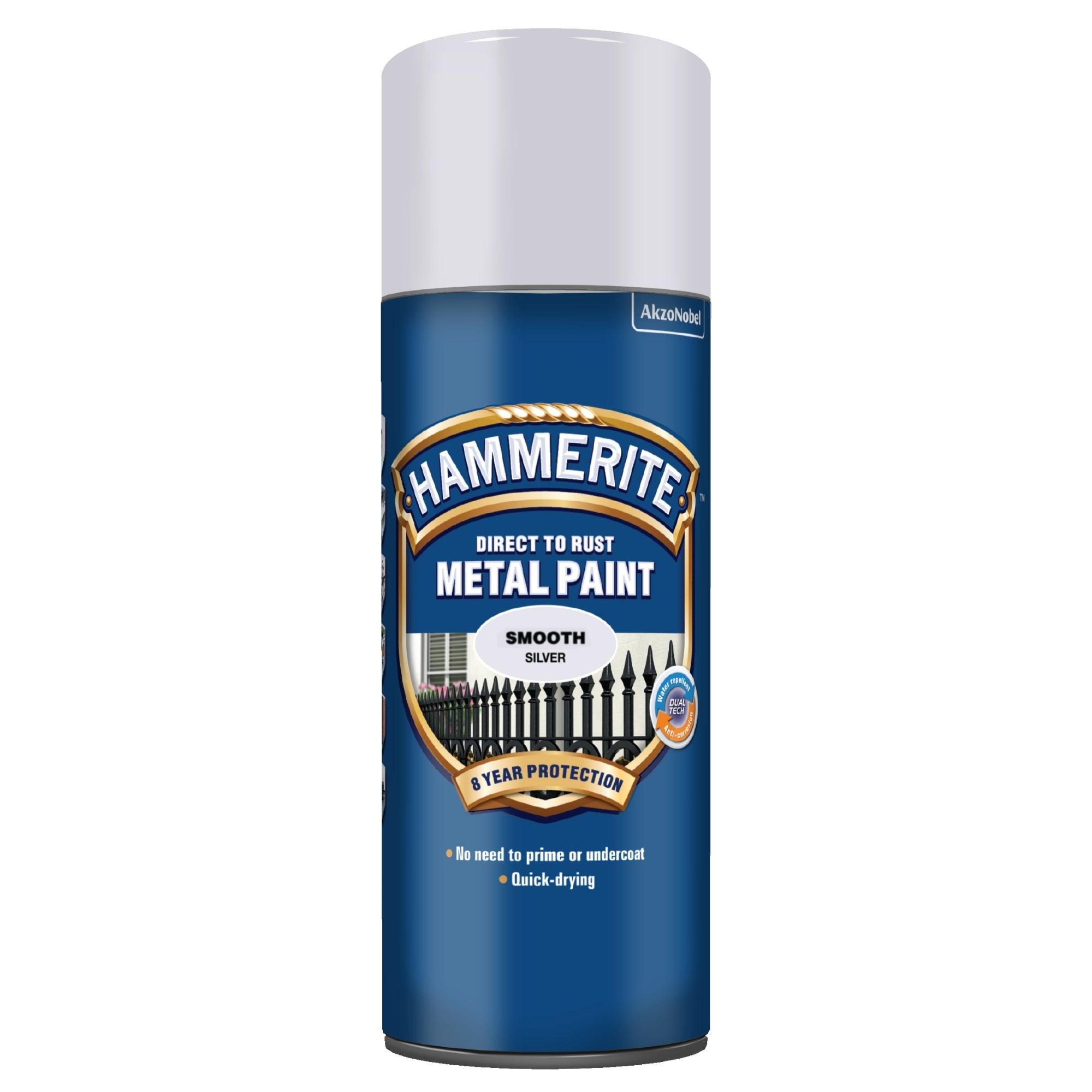 Sølvfarvet dåse Hammerite Smooth Finish spraymaling