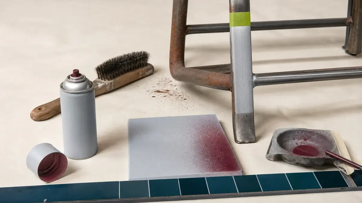 Metalstel med rust, afrenset stål, primer og bordeaux sprayfinish